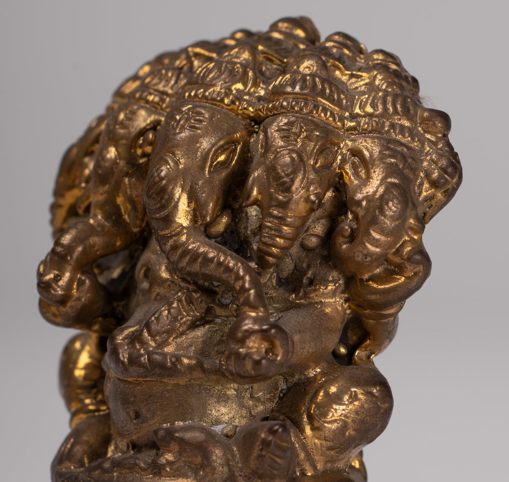 Ganesh - Antique Thai Style Brass Seated Gold Heramba Ganapati Statue - 8cm/3"