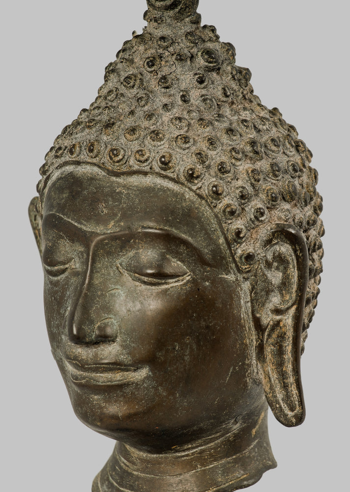 Antique Buddha Statue - 18th Century Antique Chiang Saen Mounted Buddha Head Statue - 30cm/12"