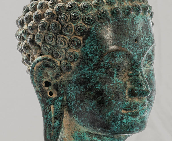 Buddha Statue - Antique Thai Style Mounted Dvaravati Bronze Buddha Head Statue - 20cm/8"