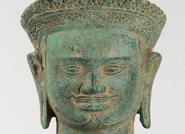 Vishnu Statue - Antique Khmer Style Koh Ker Bronze Vishnu Head Statue - Protector - 23cm/9"
