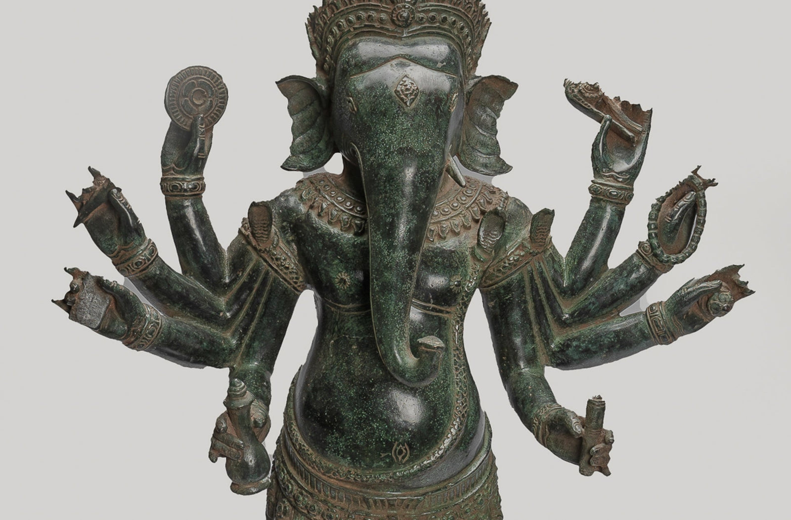 Ganesha Statue - Antique Khmer Style Standing Bronze Bayon Ganesha Statue and Yoni - 86cm/34"
