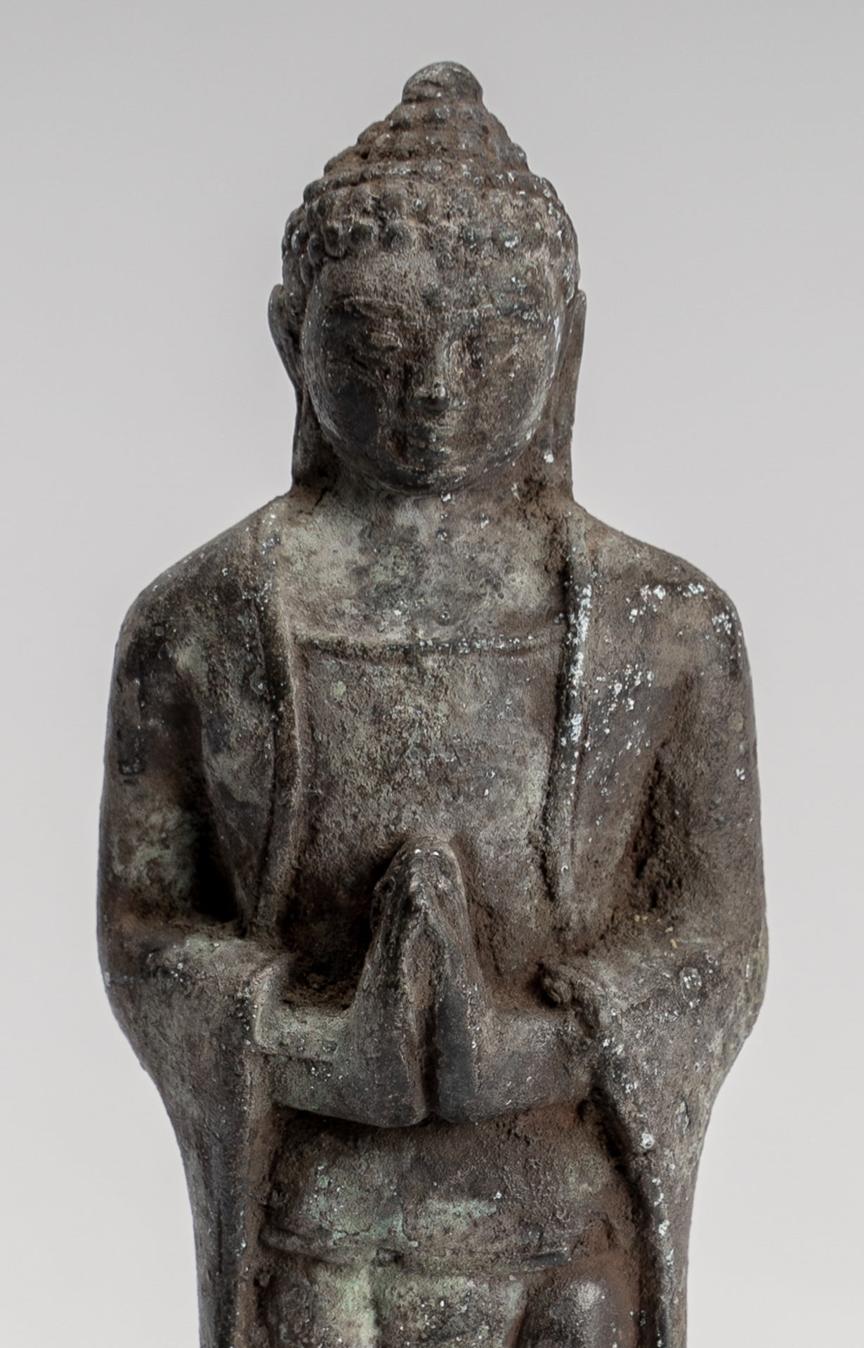 Estatua de Buda - Buda de Adoración Javanés de Bronce de Pie de Estilo Indonesio Antiguo - 16cm/6"