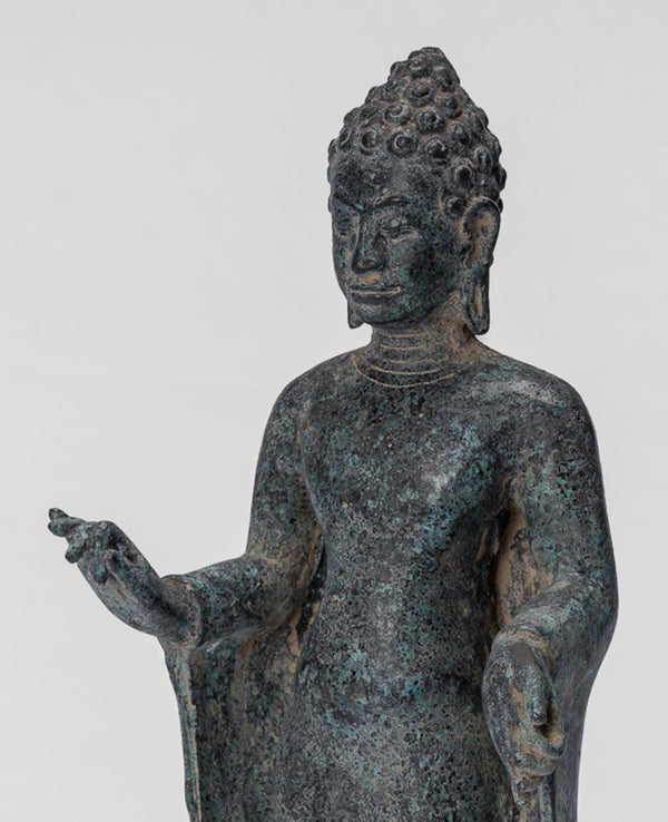 Buddha Statue - Antique Thai Style Dvaravati Bronze Standing Preaching Buddha Statue - 33cm/13"