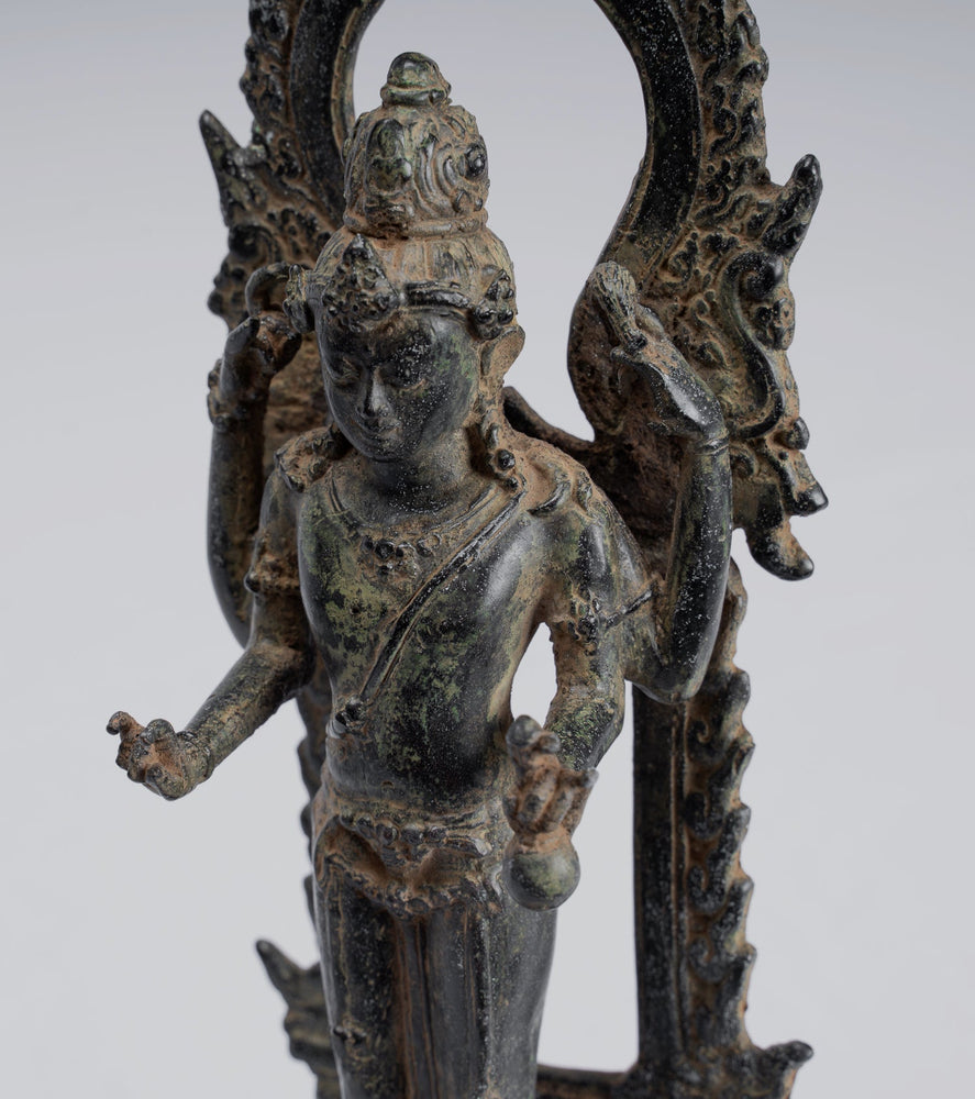 Vishnu - Antique Indonesian Style Majapahit Standing Bronze Vishnu Statue - 24cm/10"