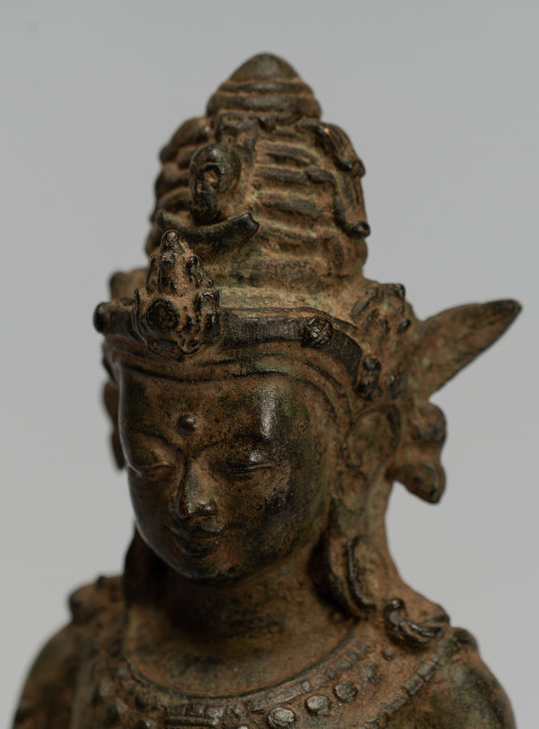 Shiva Statue - Antique Indonesian Style Bronze Javanese Seated Majapahit Shiva Statue - 28cm/11"