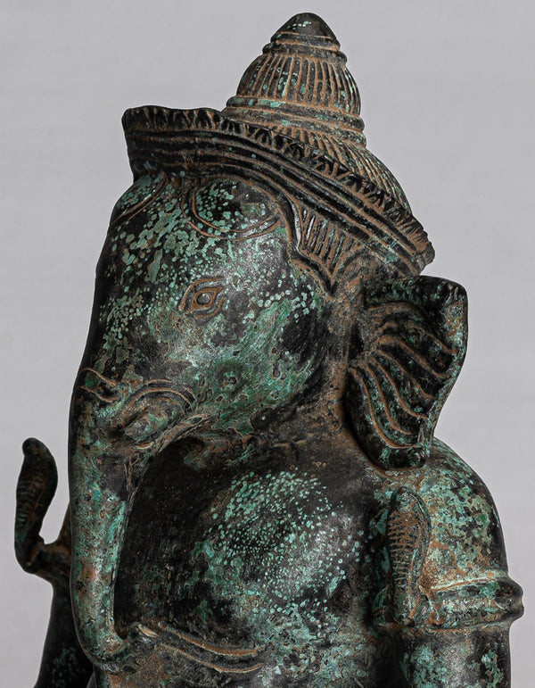 Ganesha Statue - Antique Khmer Style Seated Bronze Bayon Ganesh Statue - 24cm/10"