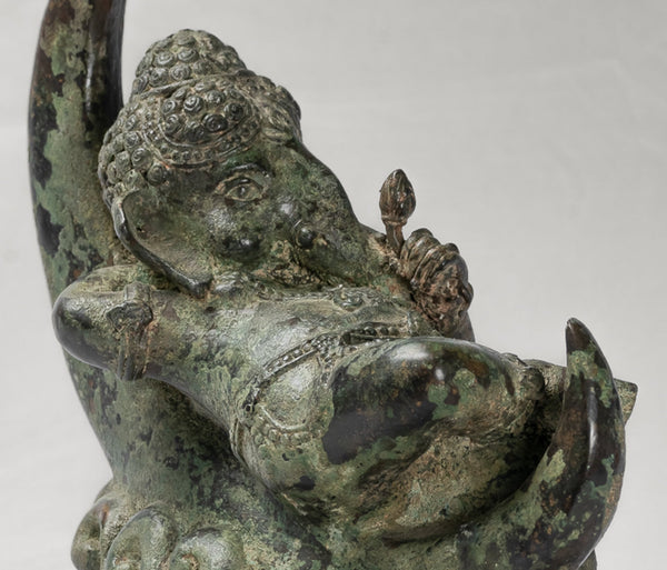Ganesha Statue - Antique Thai Style Bronze Reclining Ganesha Statue on Moon - 31cm/12"