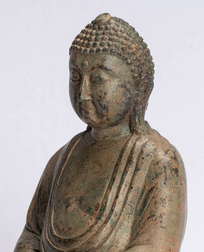 Buddha giapponese - Statua del Buddha Amitabha da meditazione seduto in bronzo antico in stile giapponese - 18 cm/7"