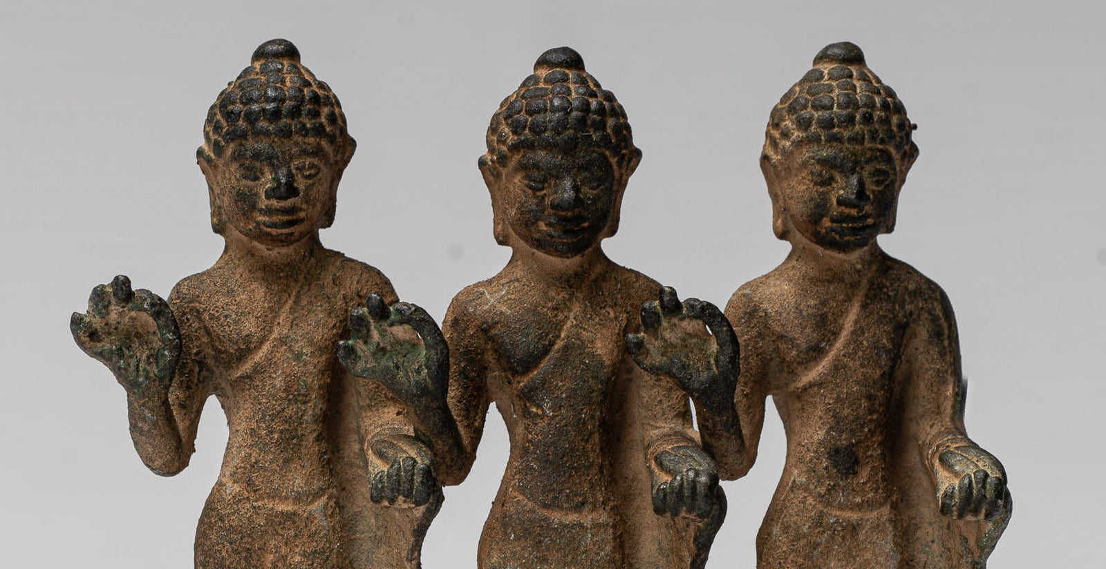 Estatua de Buda - Tríptico de Estatua de Buda de Enseñanza de Bronce de Estilo Tailandés Antiguo - 11,5 cm/5"