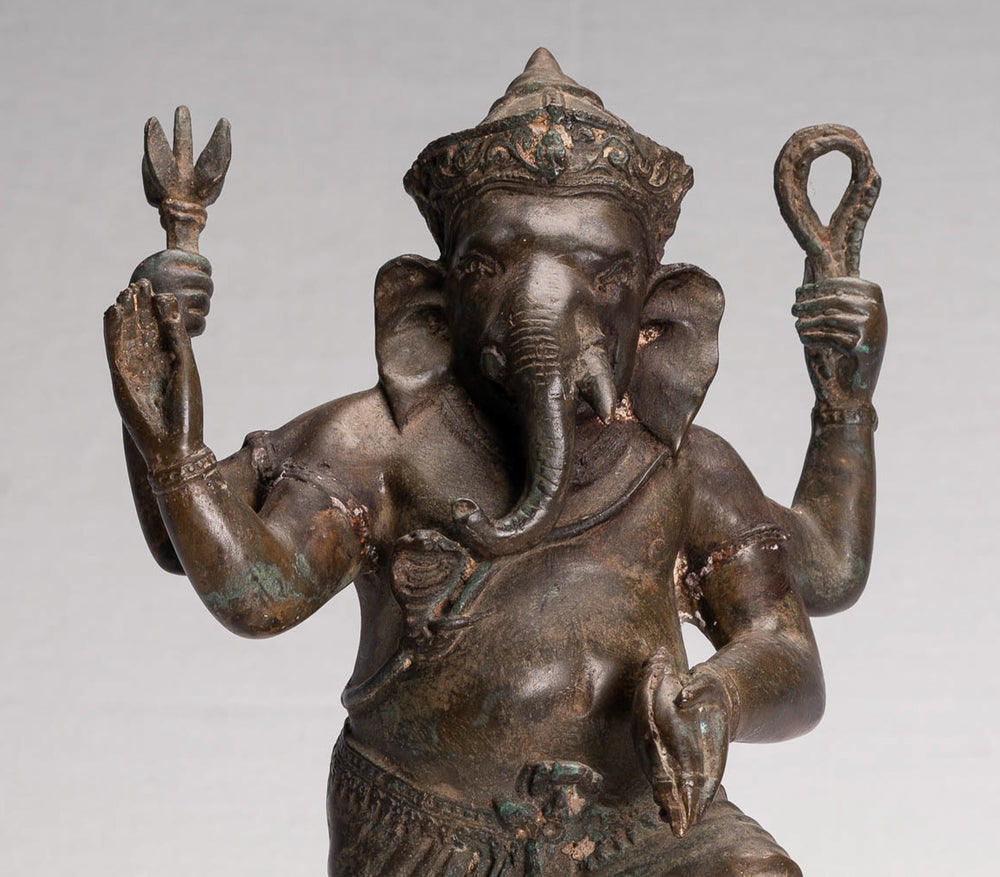 Ganesha Statue - Antique Thai Style Bronze Standing 4-Arm Ganesha Statue - 36cm/14"