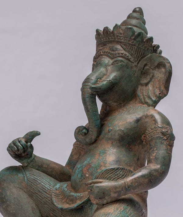 Ganesha Statue - Antique Thai Style Bronze Kneeling Ganesh Statue - 25cm/10"