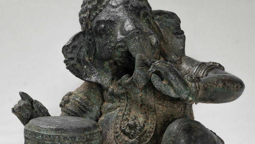 Statua di Ganesha - Antique Thai Thai Bronze Seduta statua di Ganesha con tamburo - 20 cm/8 "