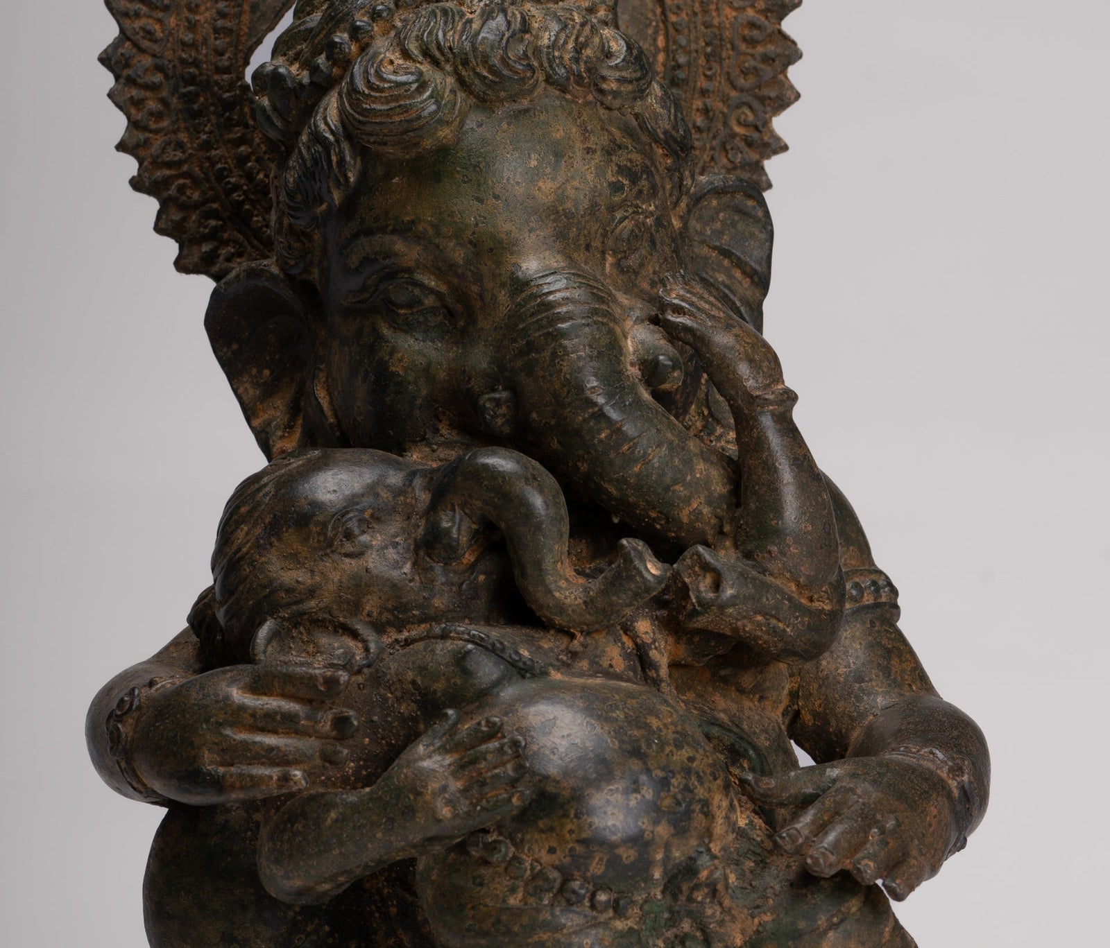Ganesha Statue - Antique Chola Style Seated Bronze Ganesh Statue with Baby Ganesh - 37cm/15"