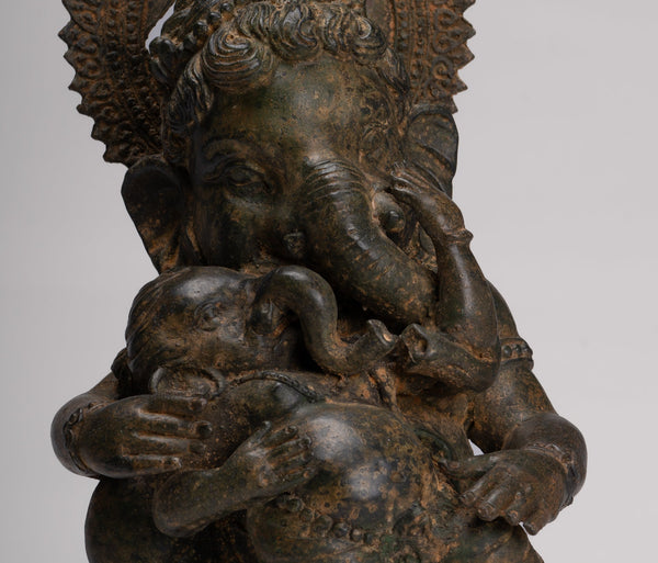 Ganesha Statue - Antique Chola Style Seated Bronze Ganesh Statue with Baby Ganesh - 37cm/15"
