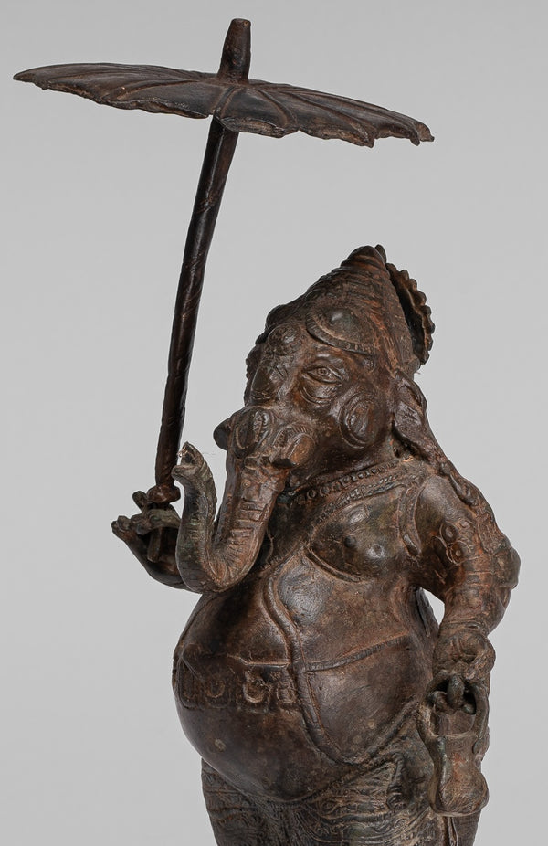Antique Chola Style Standing Bronze Bridegroom or Mappilai Ganesha Statue w/Umbrella - 37cm/15"
