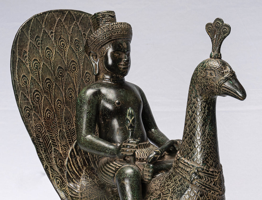 Murugan Statue - Antique Khmer Style Bronze Murugan on His Peacock -53cm/21"