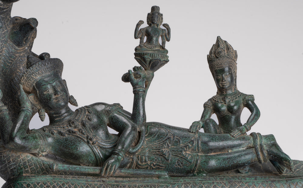 Antique Khmer Style Angkor Wat Bronze Reclining Vishnu Statue - 43cm/17" Long