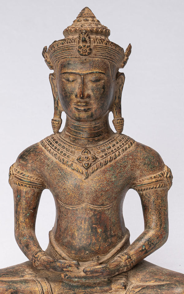 Buddha Statue - Antique Khmer Style Bronze Seated Meditation Angkor Buddha Statue - 29cm/12"