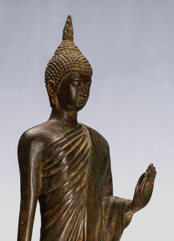 Antique Sukhothai Style Standing Bronze Protection Walking Buddha Statue - 58cm/23"