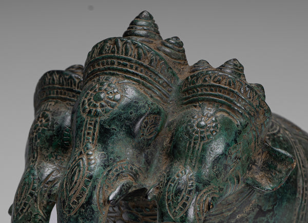 Antique Khmer Style Bronze Erawan Airavata or Elephant Statue - 18cm/7" Tall