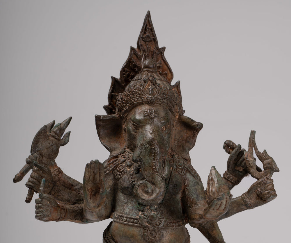 Ganesha Statue - Antique Thai Style Bronze Standing 8-Arm Ganesha Statue - 29cm/12"