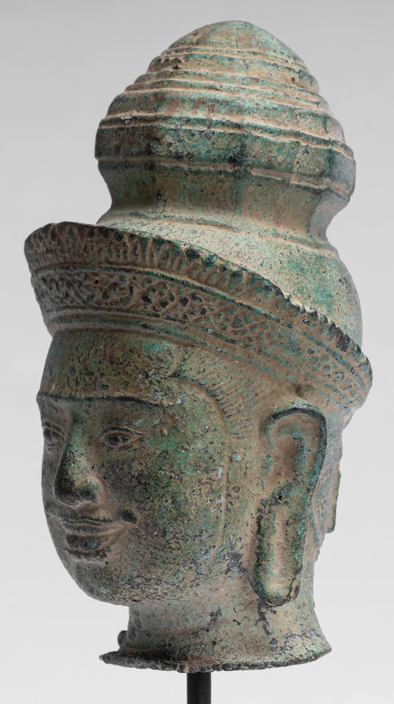 Vishnu Statue - Antique Preah-Ko Style Bronze Vishnu Head - Protector & Preserver - 21cm/8"