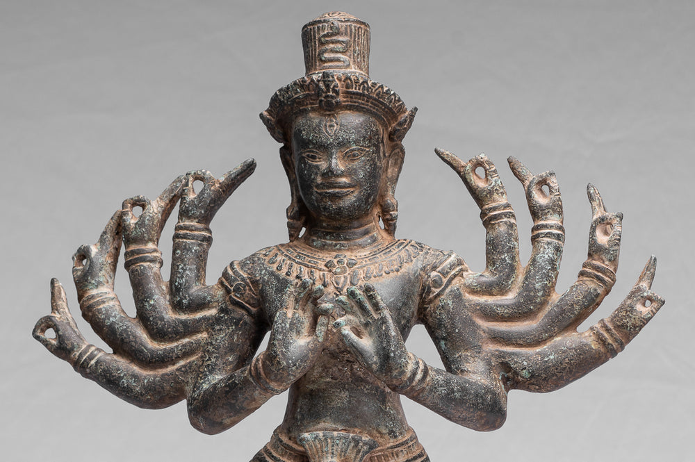 Shiva Statue - Antique Khmer Style Bronze Post-Bayon Ardhaparyanka Shiva - 10 Arms - 50cm/20"