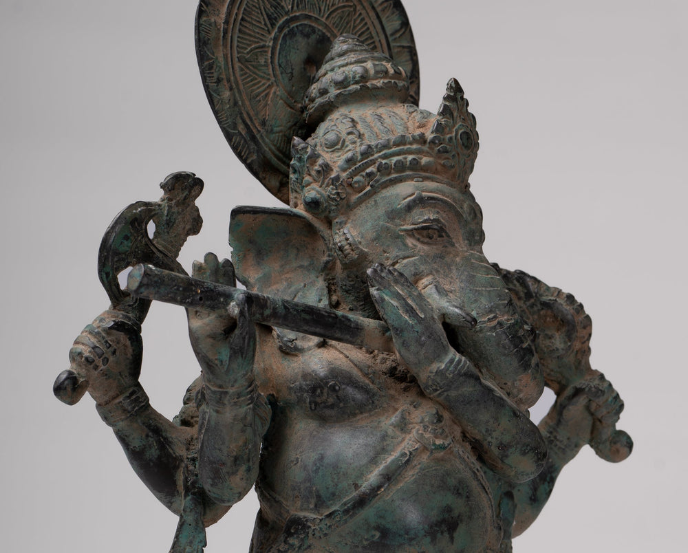 Ganesha Statue - Antique Javanese Style Bronze Dancing Indonesian Ganesha Statue Playing Flute - 38cm/15"