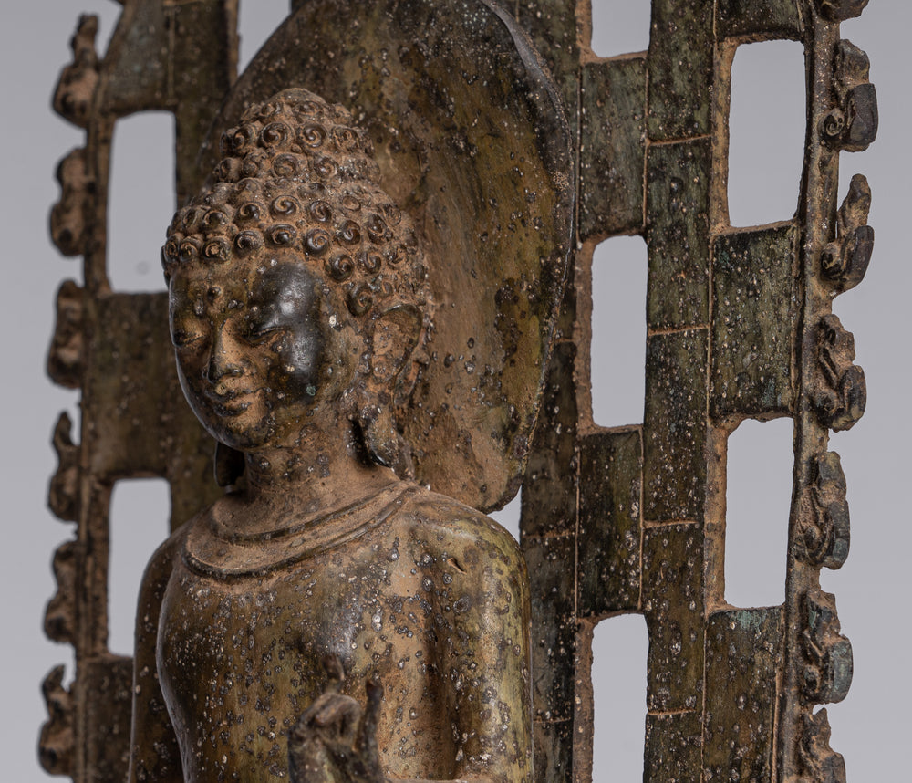 Statua di Buddha - Statua di Buddha insegnamento Java in piedi in bronzo antico in stile indonesiano - 39 cm/16"
