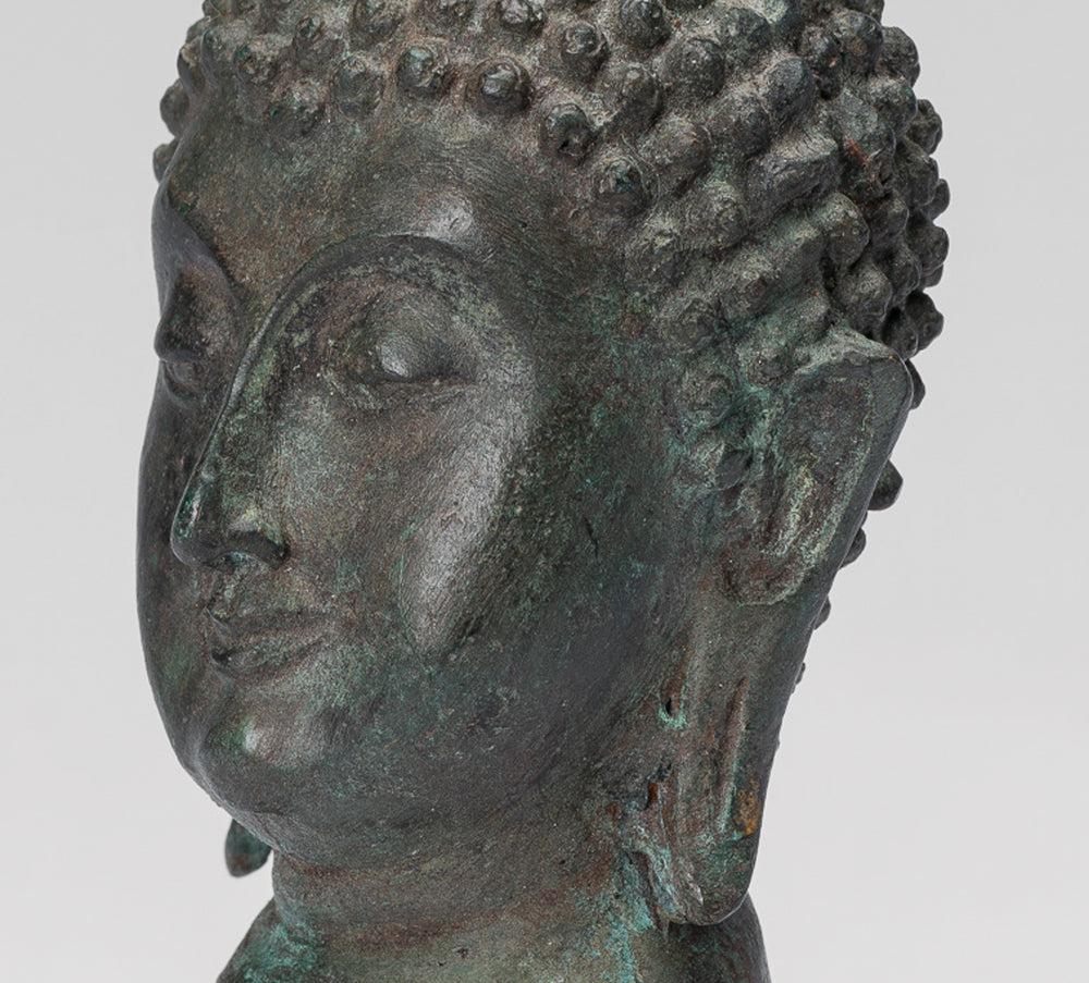 Buddha Head - Antique Thai Style Sukhothai Mounted Bronze Buddha Head - 18cm/7"