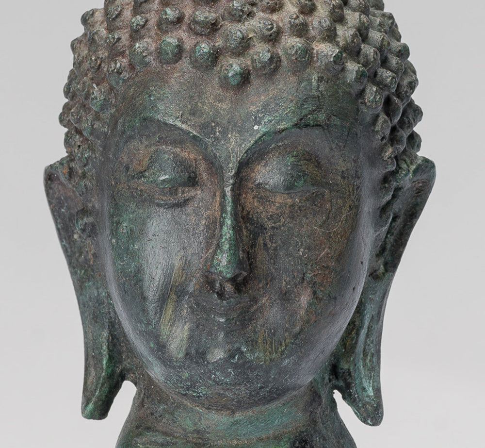 Cabeza de Buda - Estilo antiguo Thai Sukhothai Montado Bronce Buddha Head - 18 cm/7 "