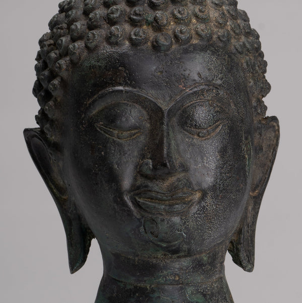 Buddha Head - Antique Thai Style Chiang Saen Mounted Bronze Buddha Head - 24cm/10"