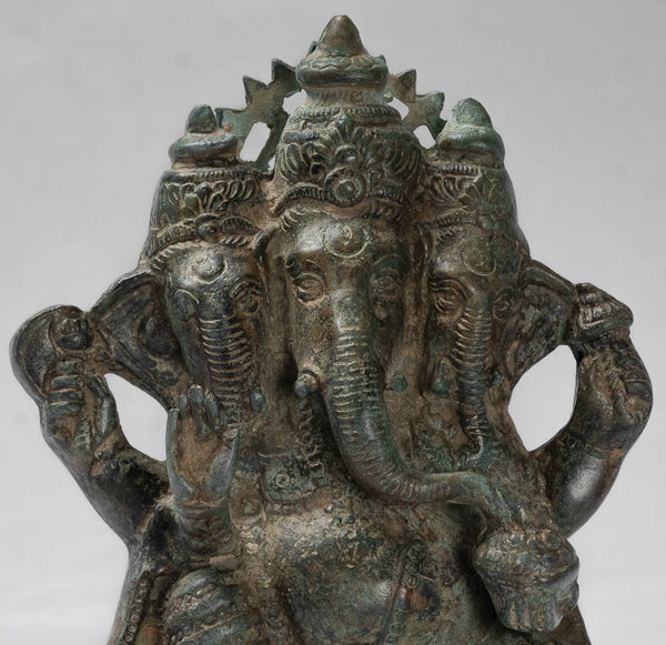 Antique Thai Style Bronze Tri Muhkthi Ganapathi Three Headed Ganesha Statue - 21cm/8"