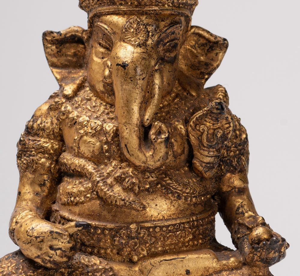 Ganesha Statue - Antique Thai Style Bronze Seated Rattanakosin Ganesha Statue - 19cm/8"