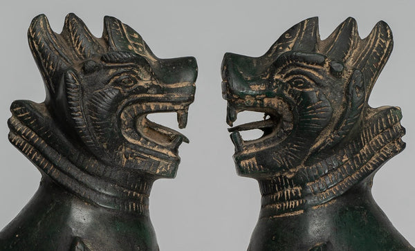 Antique Burmese Style Bronze Standing Chinthe Guardian Temple Lions - 24cm/10" (Pair)