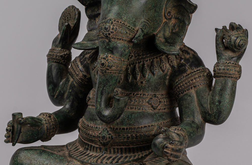 Estatua de Ganesha - Estatua de Ganesh de cuatro brazos sentado en bronce de Angkor Wat estilo jemer antiguo - 38 cm/15"