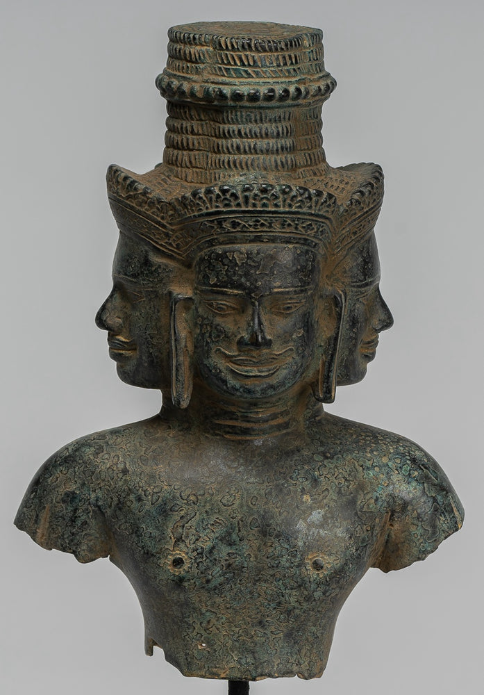 Estatua de Brahma - Torso de Brahma de bronce montado en estilo jemer antiguo - Creación de dios hindú - 28 cm/11"