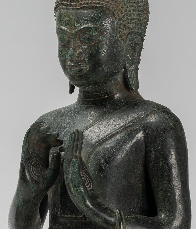 Buddha - Antique Khmer Style Bronze Seated Double Teaching Buddha Statue - 50cm/20"