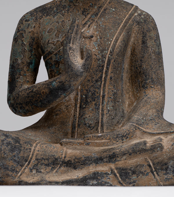 Buddha Statue - Antique Khmer Style Cambodia Seated Bronze Buddha Statue Teaching Mudra - 25cm/10"