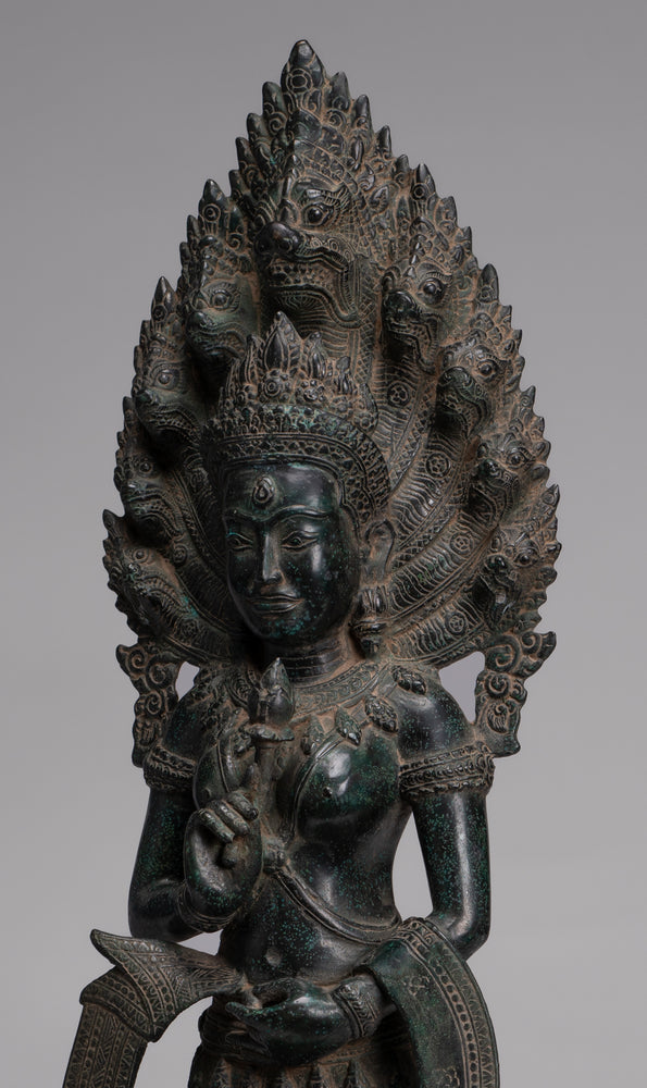 Naga Statue - Antique Khmer Style Bronze Protective 'Queen Soma' Mother of Naga, Snake or Serpent Statue - 76cm/30"