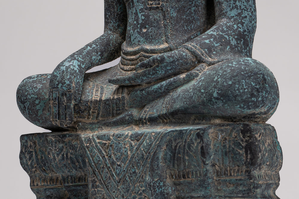 Buddha Statue - Antique Khmer Style Bronze Enthroned Enlightenment Buddha Statue - 48cm/19"