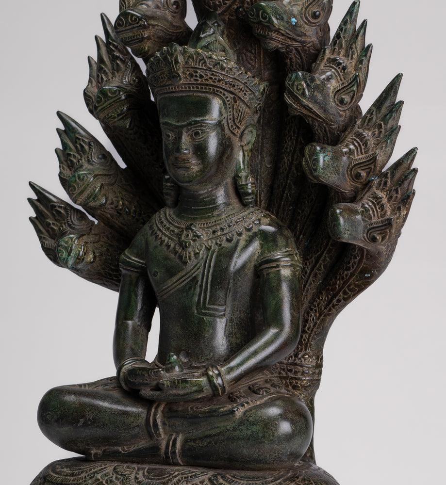 Buddha Statue - Antique Bayon Style Khmer Seated Bronze Naga Meditation Buddha - 53cm/21"