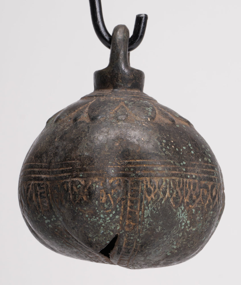 Antique Khmer Style Bronze Mounted Lotus Flower Bell - 32cm/13"
