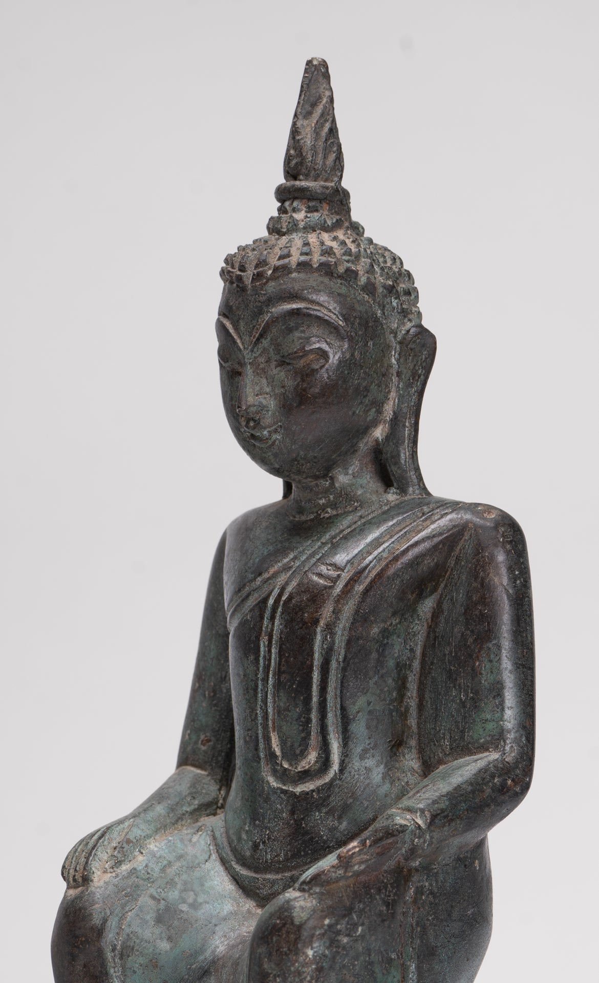 Buddha Statue - Seated Antique Laos Style Bronze Wednesday Evening Buddha - 32cm/13"