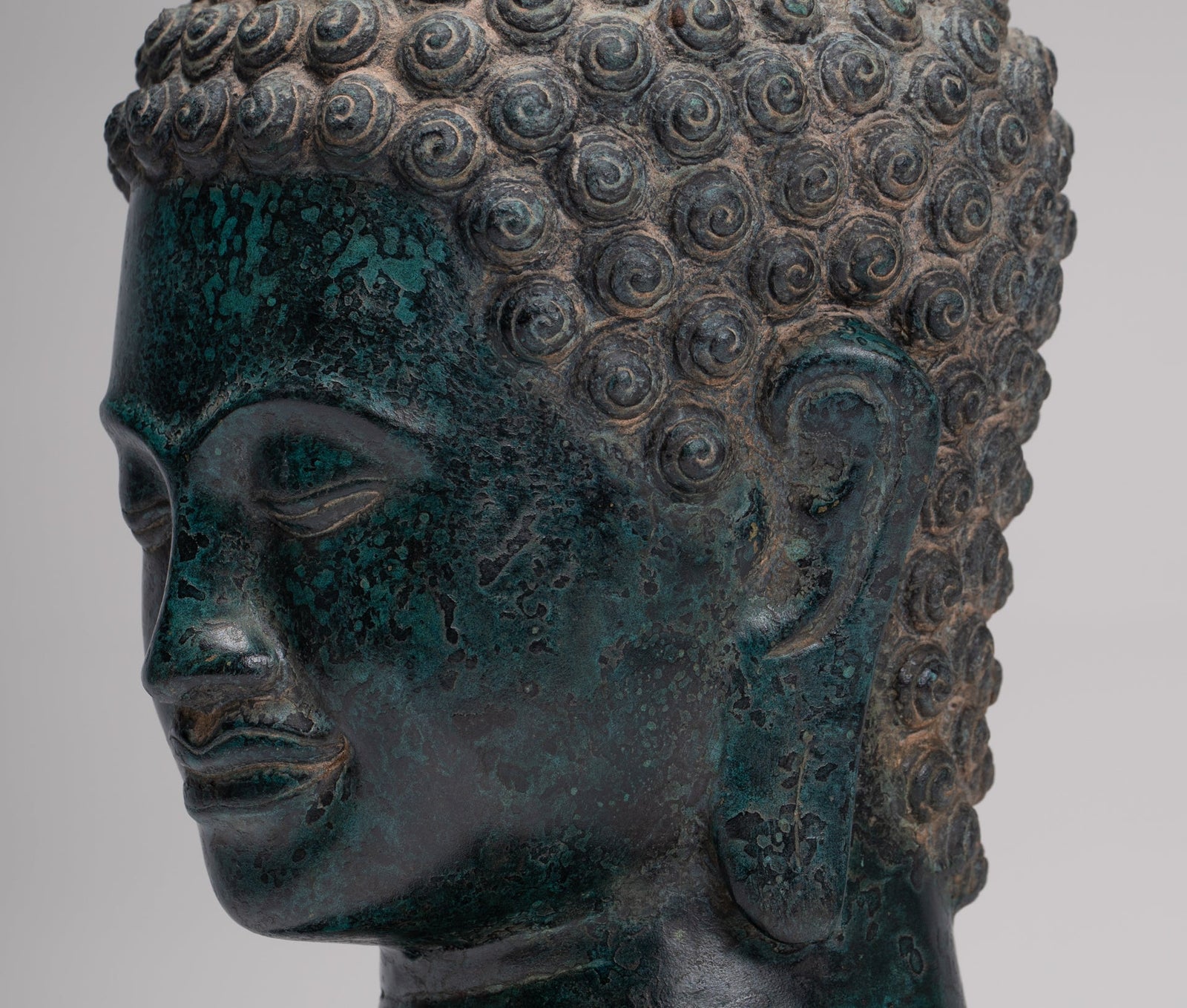 Buddha Statue - Antique Khmer Style Bronze Phnom Da Buddha Head - 30cm/12"