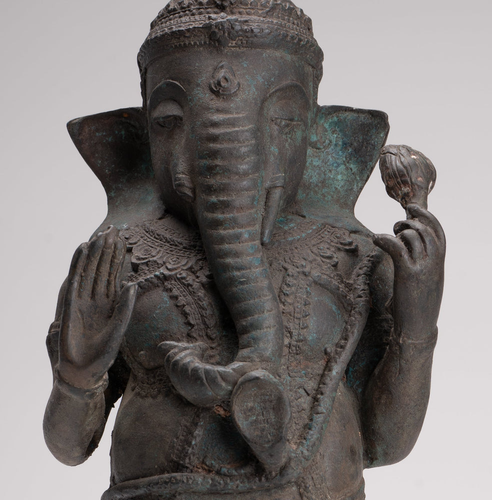 Ganesha Statue - Antique Thai Style Bronze Standing 2-Arm Ganesha Statue - 38cm/15"