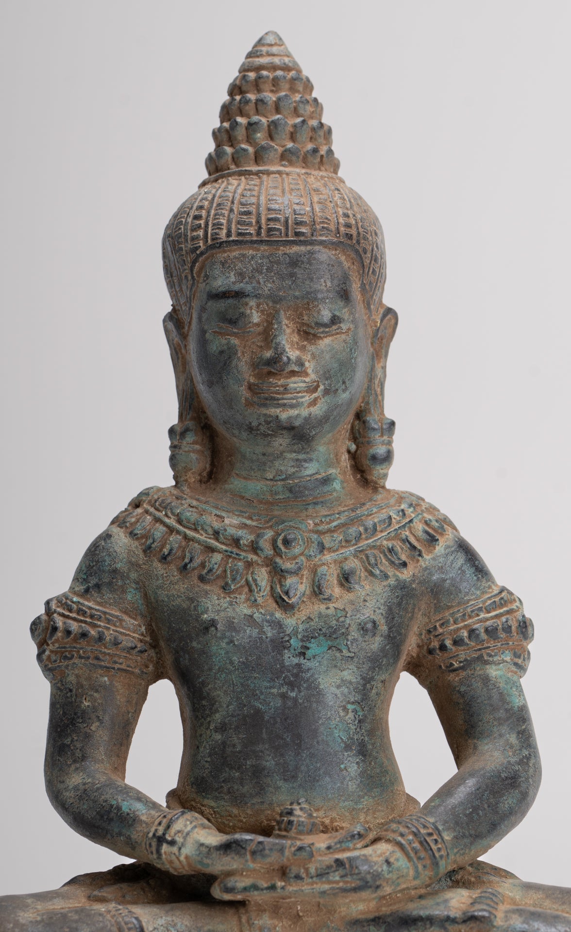 Buddha Statue - Antique Khmer Style Bronze Seated Meditation Bayon Buddha Statue - 22cm/9"