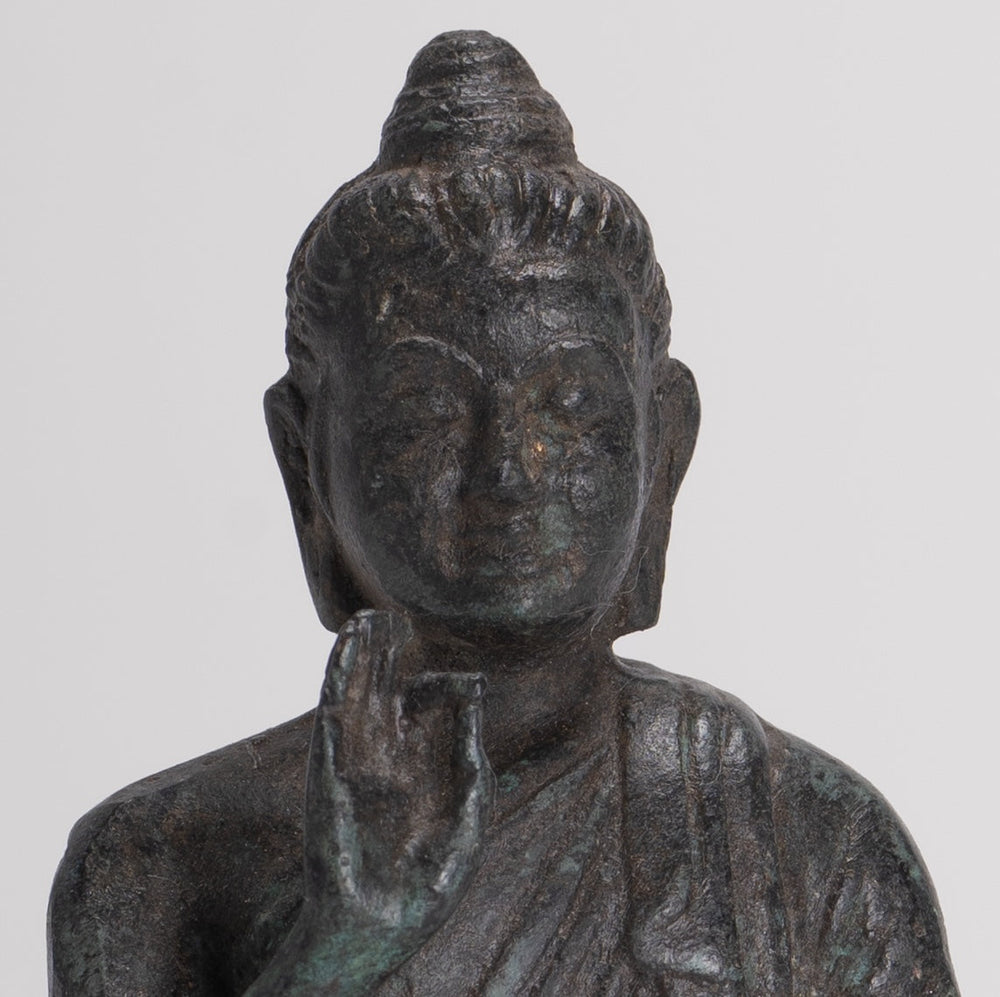 Indian Buddha Statue - Antique Gandhara Style Bronze Teaching Buddha Statue - 10cm/4"