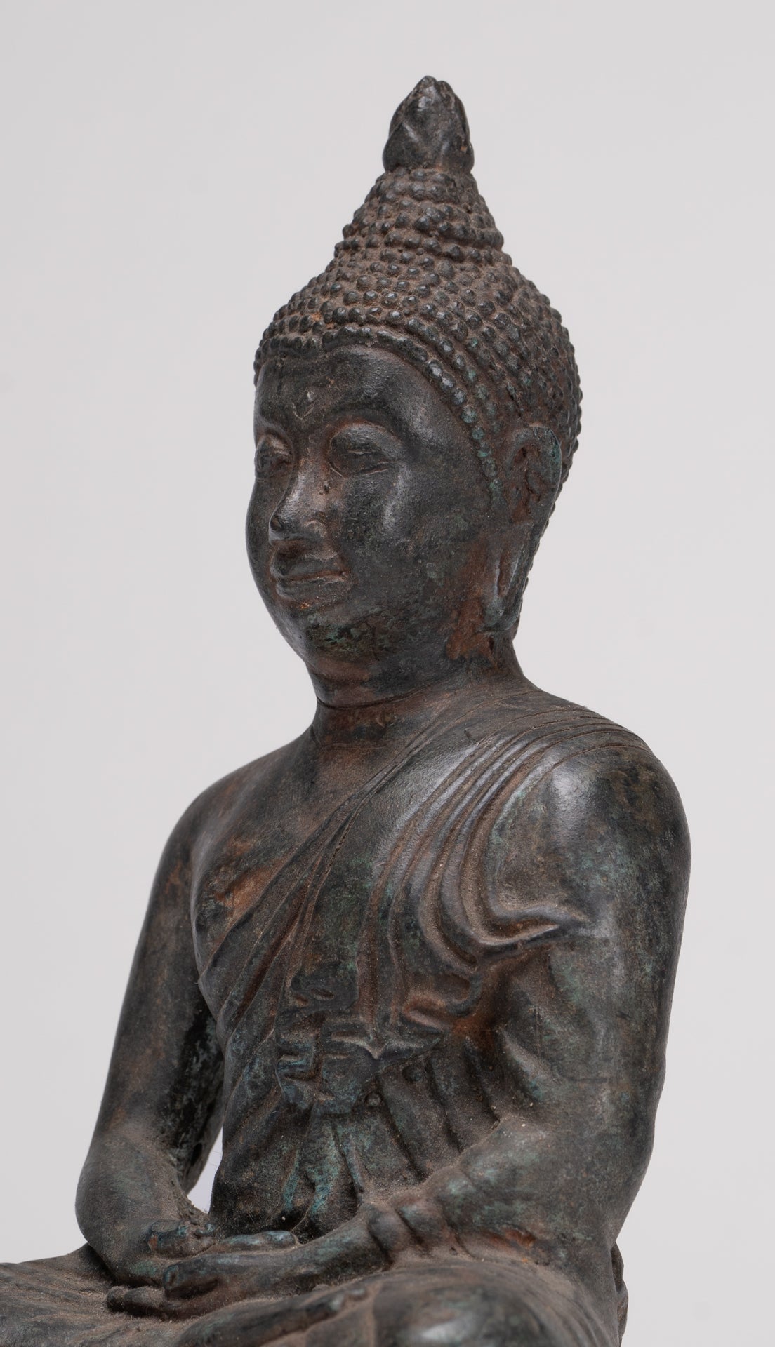 Antique Thai Style Bronze Chiang Saen Meditation Buddha Statue - 23cm/9"