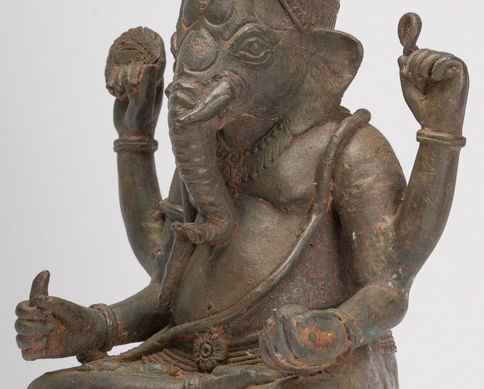 Antique Thai Style Bronze Seated Green 4-Arm Ganesha Statue - 31cm/12"